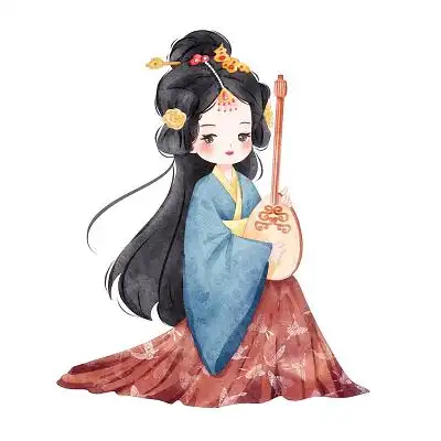 古风少女复古中国风国潮古装汉服弹琵琶乐器美女侍女png素材插画