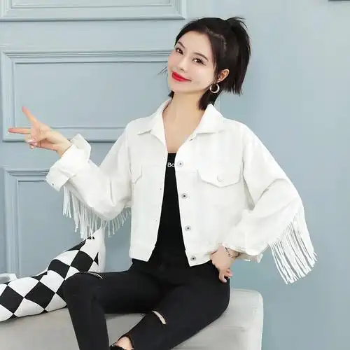 白色牛仔短外套上衣夹克新款韩版时尚流苏夹克女_如惜悦徕rxyl379-hf