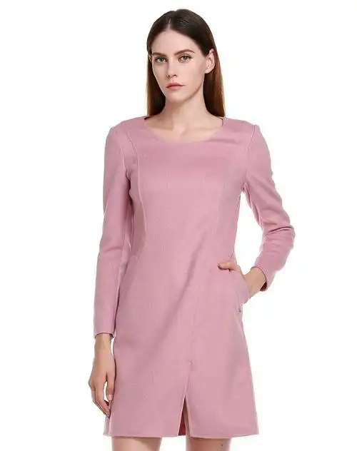 豆沙粉色斯文优雅长袖连衣裙