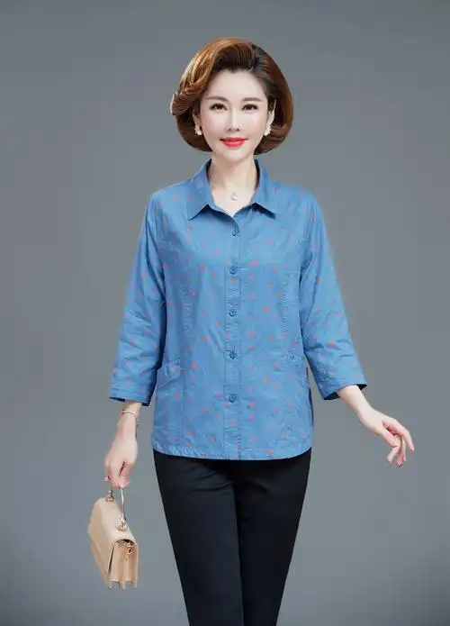 卞风妈妈装夏季女中袖纯棉衬衣中老年奶奶七分袖全棉衬衫老人衣服秋装