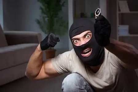 抢劫犯戴头套窃取有价值的东西在公园里盗窃卡通圣诞老人小偷行窃的