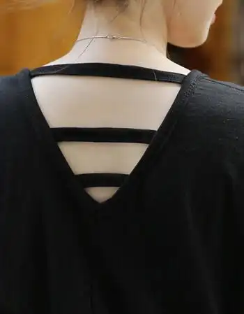 多米朶拉 圆领后背镂空t恤女短袖宽松韩范简约纯棉港味夏天女装上衣