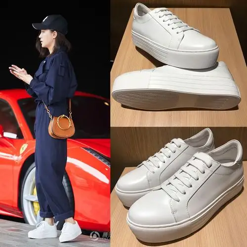 杨颖明星机场同款运动鞋女真皮厚底松糕小白鞋潮牌超模板鞋旅游鞋