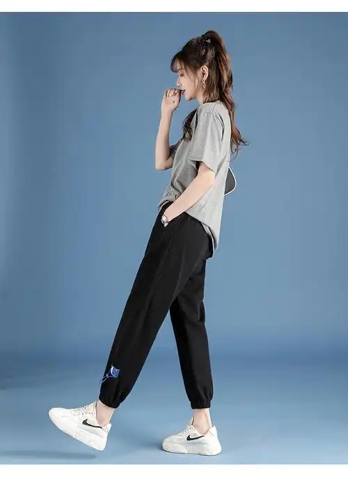 裤子女2021夏季新款灰色运动裤高腰显瘦百搭休闲裤学生薄款哈伦裤聿垣