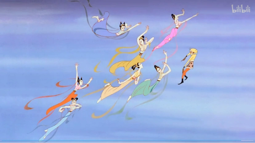 《大闹天宫》动画截图动画中七仙女的造型便是根据敦煌壁画飞天形象