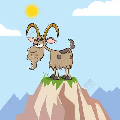 脾气暴躁的山羊卡通吉祥物在山顶上.带背景的矢量图 模板免费下载_eps