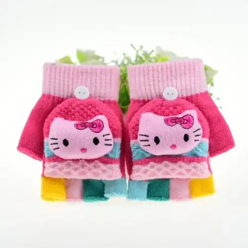 儿童手套冬保暖半指翻盖两用可爱幼儿男孩女孩五指针织小学生