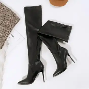 女生过膝长筒靴高跟性感长靴子高筒女靴尖头细跟弹力靴皮靴 黑色 34