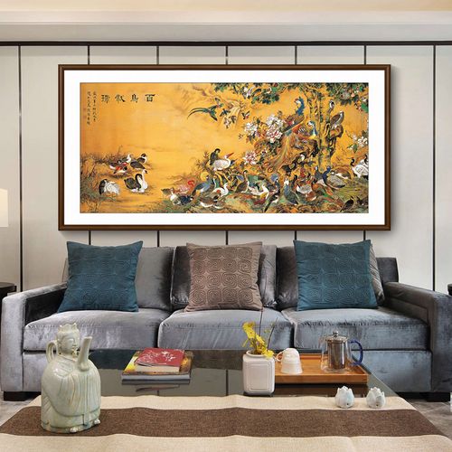 新款新中式百鸟朝凤图客厅电视沙发背景墙装饰画孔雀花鸟寓意壁画