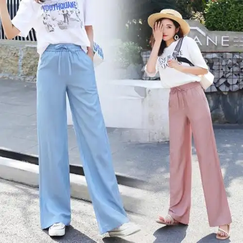 班俏banqiao冰丝坠感阔腿裤女高腰天丝牛仔宽松垂感拖地云朵裤休闲