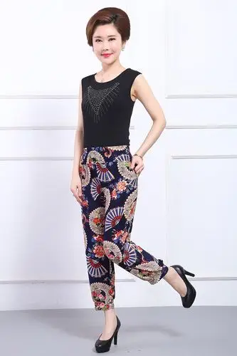 高腰灯笼裤女夏薄中老年九分裤妈妈裤女花裤子宽松冰丝大码阔腿裤 九