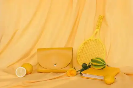 黄色物品:黄色背景的袋子,书,柠檬,糖果,鲜花.