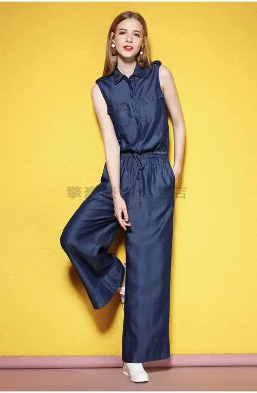 原创明星同款潮牌2020春夏季新款时尚翻领无袖天丝面料薄款牛仔连体裤