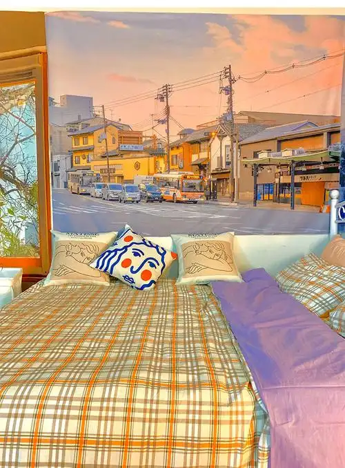 ins晚霞窗户系挂毯窗外风景背景布房间卧室床头装饰挂布日系街道横版