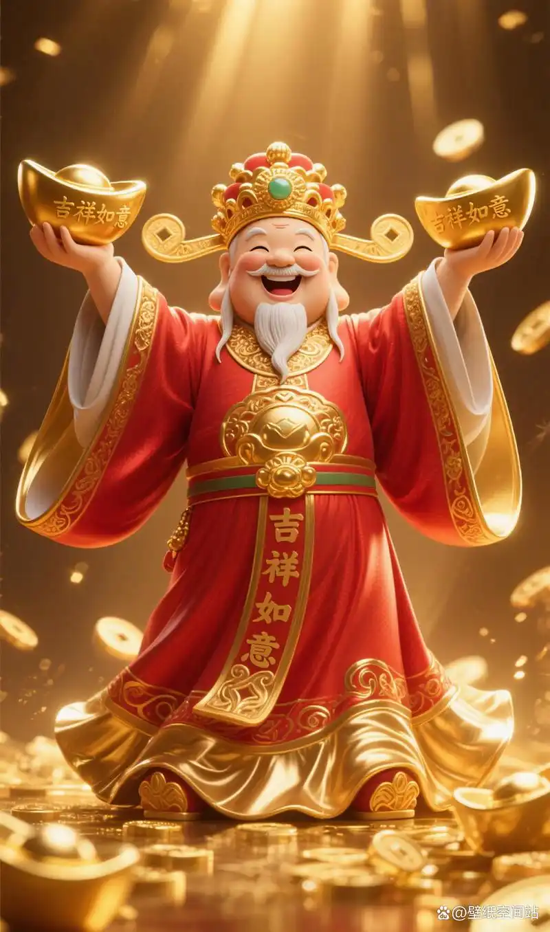 3d黄金色财神壁纸,红装笑颜传递吉祥祝福