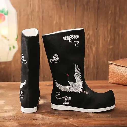 汉服鞋子明制官靴男靴子百搭古代单靴长筒潮瑞央黑色仙鹤平跟正码39