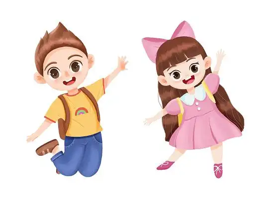 卡通男孩女孩快乐跳跃开学季小朋友学生去上学元素png素材