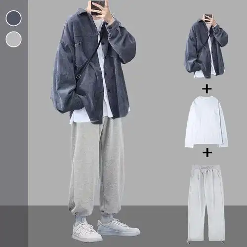 春秋灯芯绒衬衫套装男士复古潮流外套休闲一套搭配帅气男装三件套