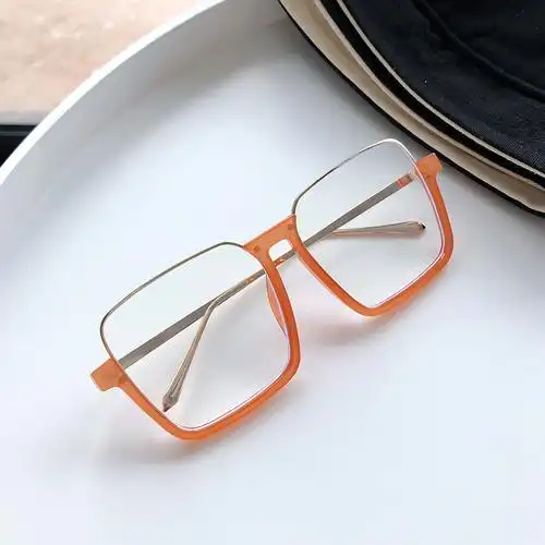 时尚超大方形抖音网红下半框眼镜框女显瘦橘色眼镜架