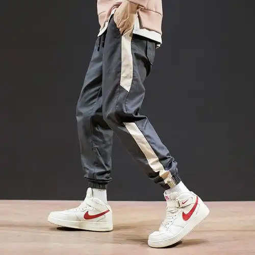 裤子男韩版潮流小脚宽松运动裤潮牌束脚拼接工装裤秋季休闲九分裤-mc