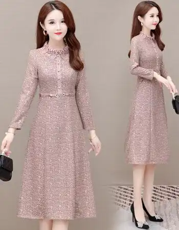 欧偲麦连衣裙女装高端娃娃领格子2022年春季新款收腰气质长袖过膝裙子