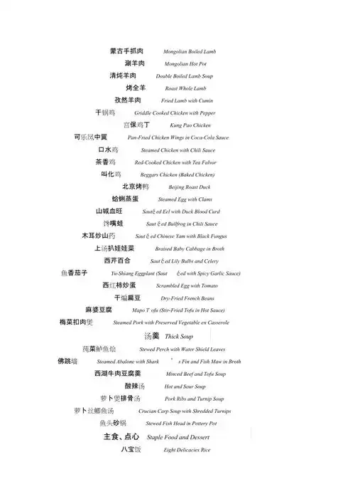 常用中国菜中英文菜单对照表共3页