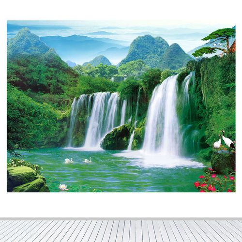 青山绿水瀑布山水画黄果树迎客松招财流水生财客厅风水画聚财壁画
