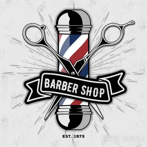 理发店矢量复古标签, 徽章, 或标志在灰色背景.矢量模板