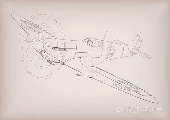 第一架飞机 spyfire 施工图形绘制黑色线条轮廓.