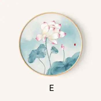 新中式水墨荷花木框圆形画客厅装饰画卧室床头花卉挂画现代简约画 e款