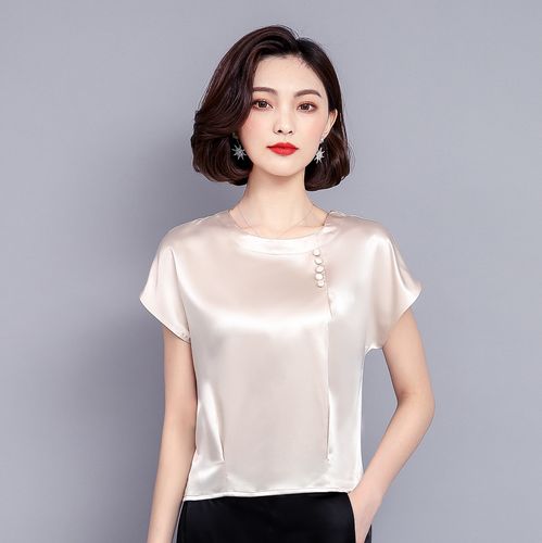 桑蚕丝短袖夏季新款女装大码真丝小衫春高档缎面时尚宽松t恤上衣