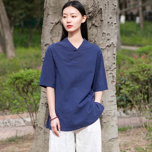 棉麻太极服女夏短袖上衣 复古中国风太极拳练功服武术服