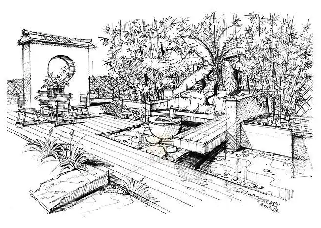 别墅庭院设计手绘透视图