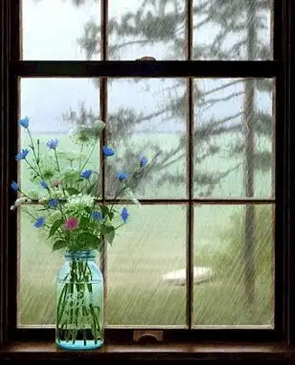 唯美卡通女孩面对着窗,手指在玻璃上写着love(水珠),窗外貌似下着雨