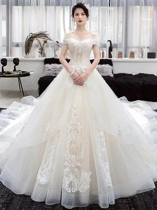 一字肩法式主婚纱2020新款拖尾气质小个子森系超仙梦幻2019新娘