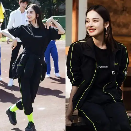 你好生活明星古力娜扎同款黑色印花t恤休闲运动套装女春季新款潮