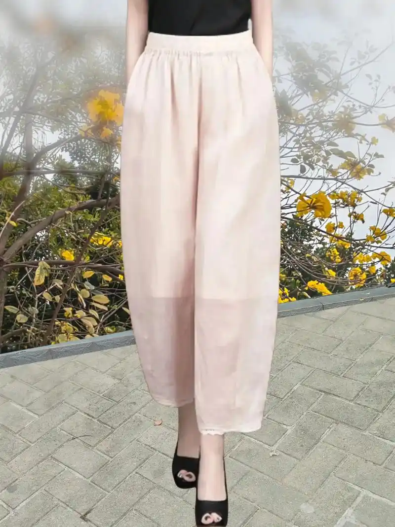 100%竺麻高端女裤灯笼裤夏季文艺中 国风棉麻休闲哈伦