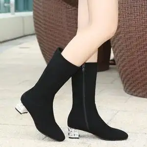 2017头层牛皮磨砂侧拉链绒里低跟方跟圆头女士中筒靴马靴黑色棕色