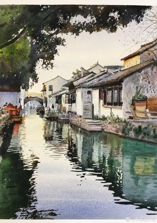 王园园水彩画新作,江南水乡水彩超话#王园园水彩##水彩