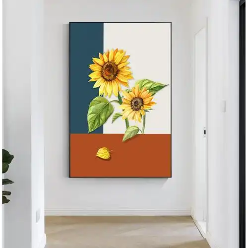 北欧玄关装饰画梵高向日葵客厅入门壁画现代简约走廊过道竖版挂画