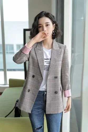 秋季外套女新款百搭网红复古格子西装女韩版休闲黑色春秋长袖西服