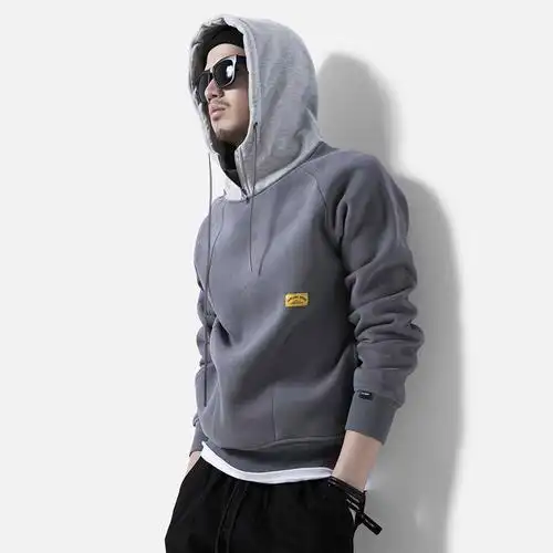 特价男士连帽卫衣加绒加厚_春季卫衣男拼接连帽高领套头抓绒加厚韩版