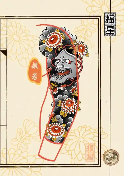 日式老传统般若菊花花臂纹身手稿设计no1