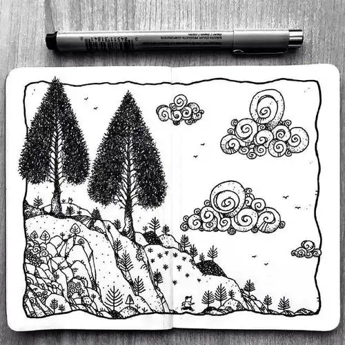 黑白线描风景画作品,精选黑白线稿风景画图片集