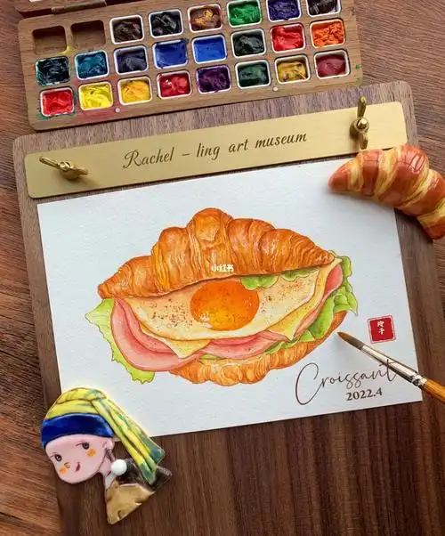 钢笔淡彩水彩美食手绘插画可颂三明治