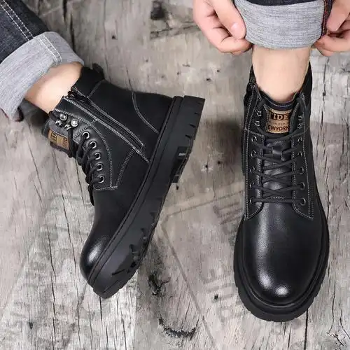 马丁靴男款真皮短靴英伦风百搭男鞋加绒保暖高帮休闲鞋工装靴男