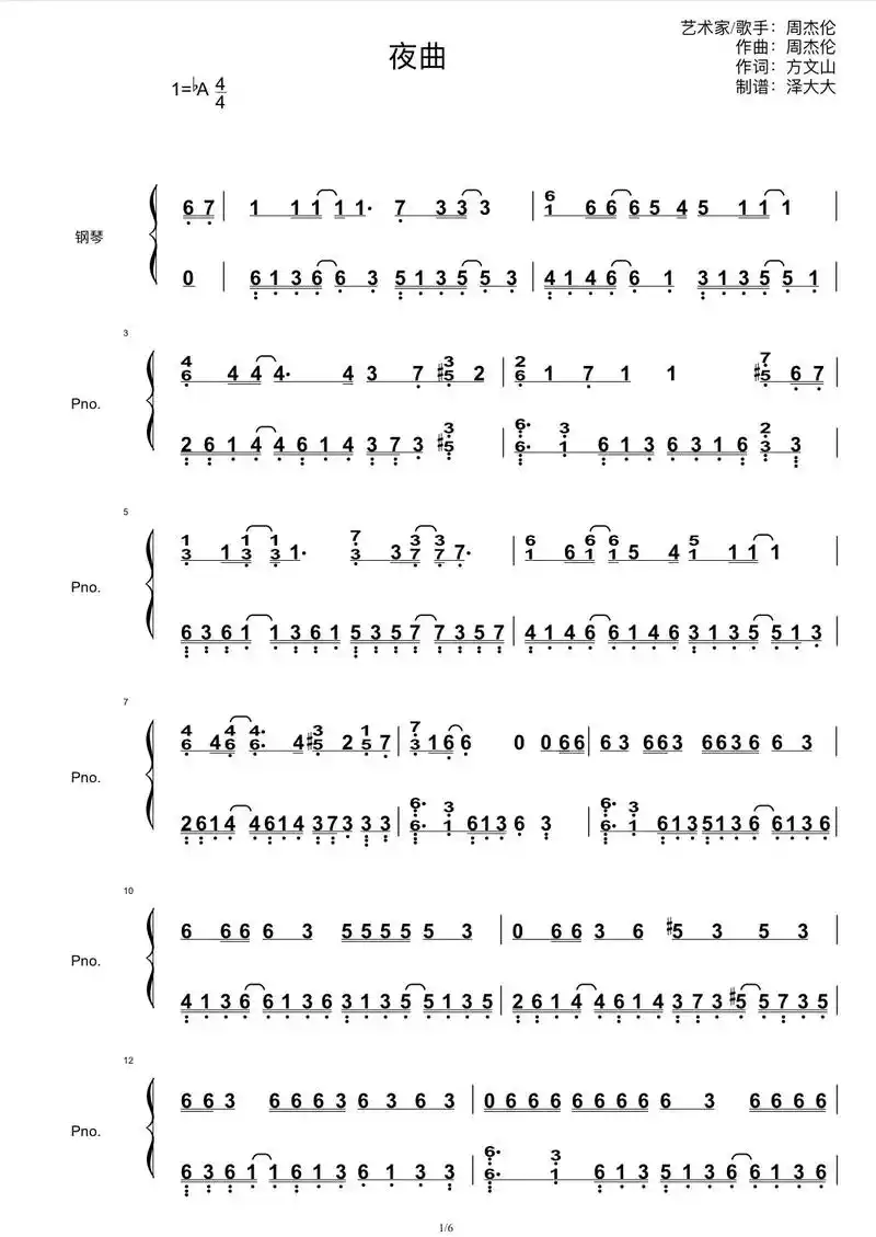 周杰伦《夜曲》简谱.#钢琴谱分享 - 抖音