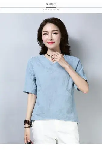 君吻高端品牌纯棉t恤半袖亚麻t女装中年妈妈宽松短袖棉麻上衣秋浅色