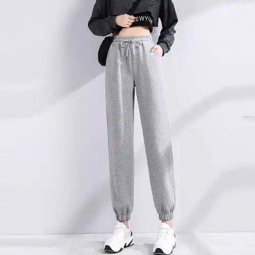 灰色运动裤女春秋百搭宽松束脚2021年新款哈伦卫裤小个子休闲裤子