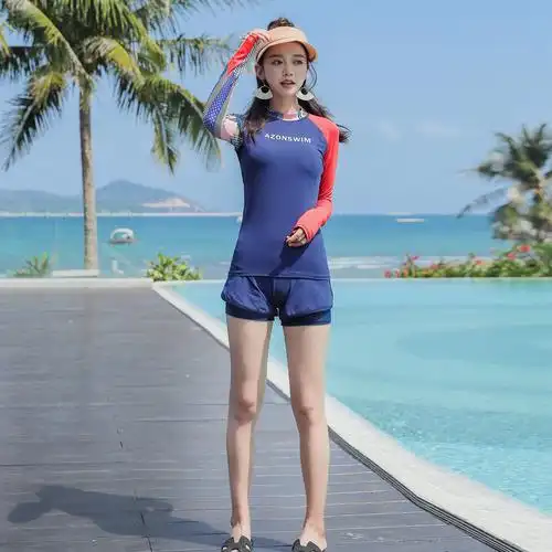 休闲冲浪泳衣女新款分体长袖防嗮两件套运动浮潜水母衣潜水游泳衣